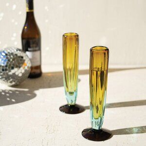 Handblown Bogota Blue and Amber Tall Recycled Champagne Flute - SET OF 2